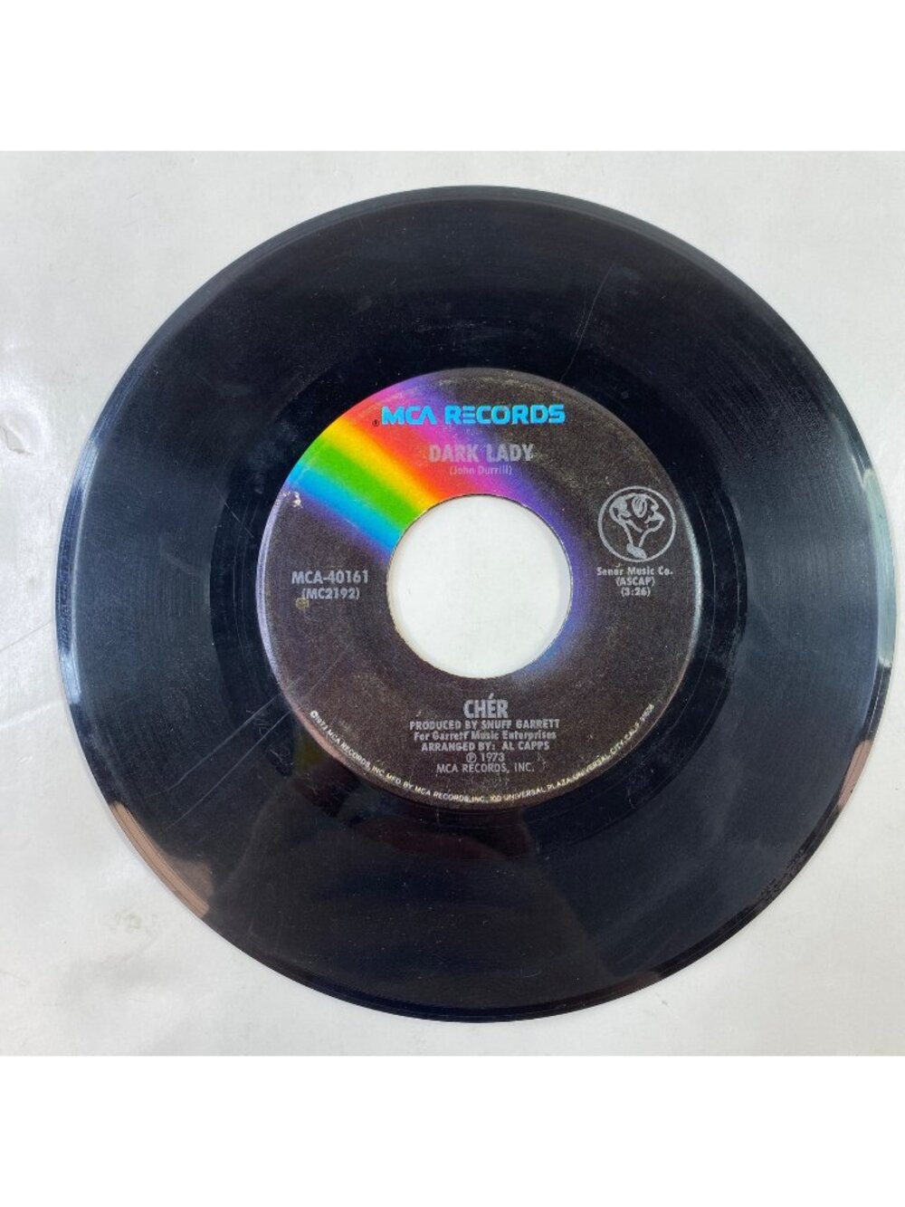 Vintage 45 RPM Vinyl Single Cher Dark Lady/Two People Clinging To A Thread 1973